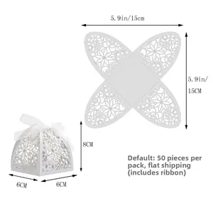 Flat and folded 15x15cm white laser-cut floral candy box with ribbon and dimensions