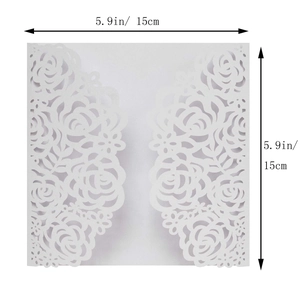 Detailed size view showing 15cm laser-cut ivory rose wedding invitation sleeve