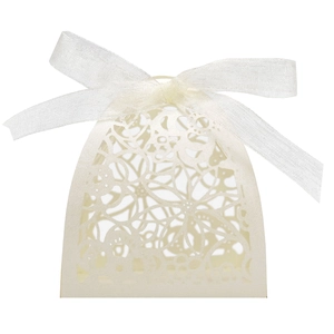 Detailed laser-cut floral pattern on off-white candy box with elegant organza ribbon bow