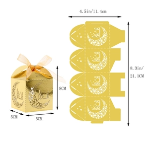 Detailed dimensions of gold castle hollow candy gift box with measurements and ribbon
