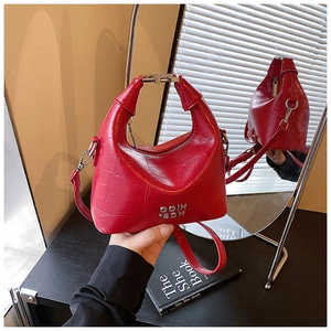Detailed view of red crocodile pattern handbag with elegant metallic logo on a mirror surface