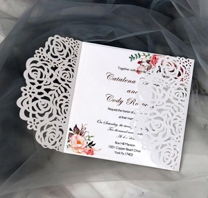 Macro detail of laser-cut rose border and floral print on white wedding invitation