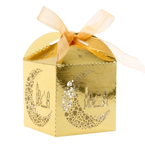 Golden laser-cut Ramadan moon and mosque candy box with heart motifs and silk ribbon
