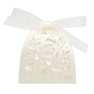 Macro detail of laser-cut rose patterns on pearlescent cardstock wedding candy box