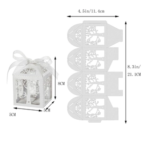 Detailed size chart for white laser-cut wedding favor box with tree hollow design