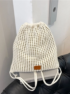 Women Knitted Drawstring Bucket Backpack Hollow Out Woven Floral Seaside Vacation Style Rucksack Minimalist Travel Bag