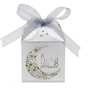 Silver crescent moon and mosque hollow candy box with heart pattern and elegant ribbon