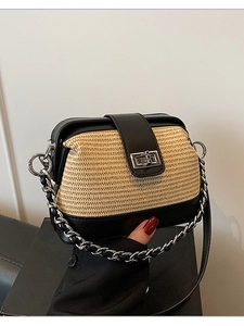 French Retro Women Shell Crossbody Bag Woven PU Leather Splicing Square Shoulder Bag With Metal Chain Lock Small Summer Purse