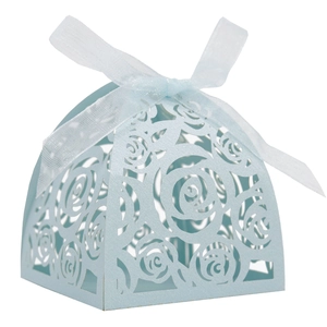 Light blue laser-cut rose hollow favor box with white ribbon bow for wedding and party