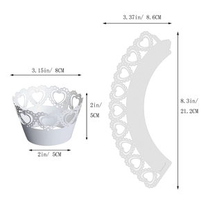 Laser cut heart cupcake wrapper detail with dimensions in centimeters and inches