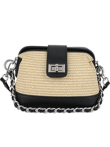 Two-tone beige straw and black leather crossbody bag with chain strap and metal lock