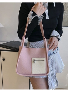 Fashion Lychee Texture PU Leather Shoulder Bag Set Contrast Color Tote Bag With Makeup Pouch Minimalist Casual Handbag For Women