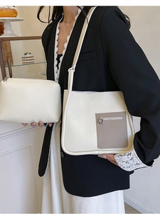 Chic beige lychee textured shoulder bag set with brown zipper pocket for women