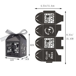 Detail of laser-cut black graduation candy box with Class of 2025 text and ribbon