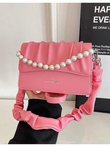 Pink pleated cloud shoulder bag with luxury pearl chain and ruched strap for women