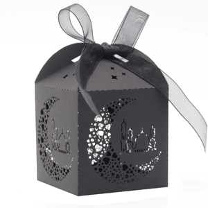 Laser-cut black Islamic gift box with hollow moon and mosque patterns and ribbon bow