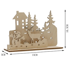 Laser-cut wooden Christmas scene with reindeer and snowman, measuring 15x10.5x5cm