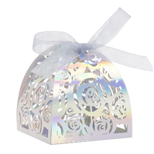 Laser Cut Hollow Rose Wedding Candy Boxes Romantic Pearlescent Paper Gift Box With Ribbon For Birthday Party Favor Supplies Floral Decor