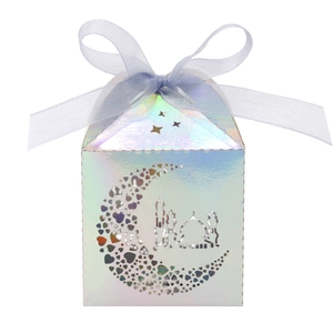 Macro shot of laser hollowed crescent and mosque patterns on iridescent gift box