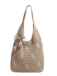 Large beige hollow-out woven straw shoulder bag with pink tulip and pearl charm pendant