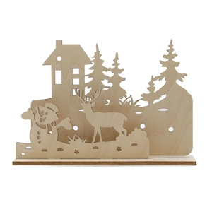 Laser-cut wooden Christmas decoration with 3D snowman, reindeer and cabin silhouettes