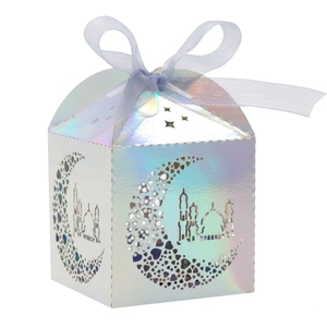 Holographic laser-cut wedding favor box with moon and mosque silhouette and ribbon