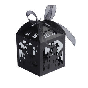 Hollow laser cut Halloween black candy box with spider castle bat pattern and ribbon