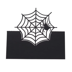Laser cut black spider web table place card for Halloween party decor and seating