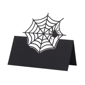 3D Halloween spider web place cards made of laser-cut black paper for table decoration