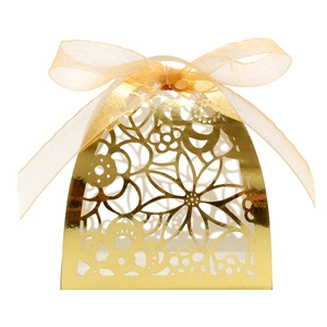 Golden laser-cut flower candy box with matching ribbon for weddings and birthday parties