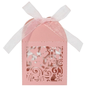 Pink laser cut paper candy box with number 18 and fairy design for birthday parties