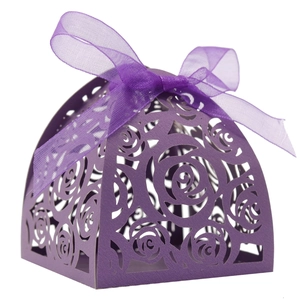 Iridescent purple laser cut rose candy box with a matching sheer ribbon bow for weddings