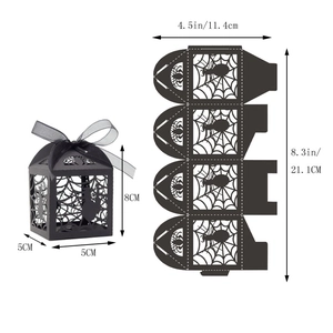 Detail of laser-cut spider web candy box with dimensions 5x5x8cm for Halloween parties