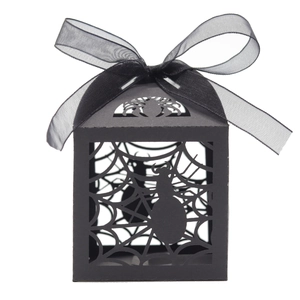 Laser cut spider web Halloween gift box in black paper with organza ribbon decoration