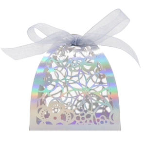 Iridescent laser-cut gift box with intricate floral patterns and purple ribbon bow