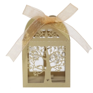 Detailed laser-cut tree pattern on gold wedding favor box with champagne ribbon