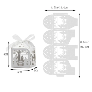 Laser-cut white gift box with nativity scene and dimensions of 5x5x8cm for candies