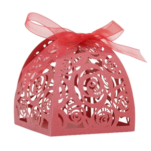 Red laser cut rose hollow favor box with satin ribbon for wedding and party gifts