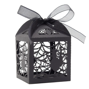 Laser cut black spider web candy boxes with ribbons for Halloween party favors