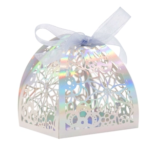 Iridescent laser-cut floral candy gift box with blue organza ribbon for wedding parties