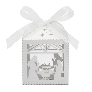 White laser-cut nativity scene gift box with a silk ribbon for wedding and holiday candy