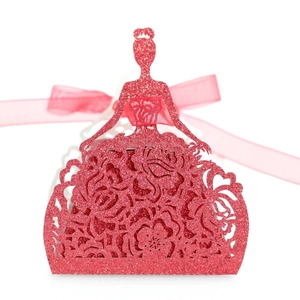 Red glitter hollow-out princess gown favor box with laser-cut floral details and crown