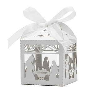 Nativity Scene Laser Cut Pearlescent Paper Gift Box With Ribbon White Candy Boxes For Christmas Wedding Baptism Party