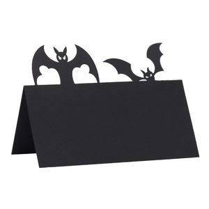 3D Halloween bat place cards made of laser-cut black cardstock for party table decor