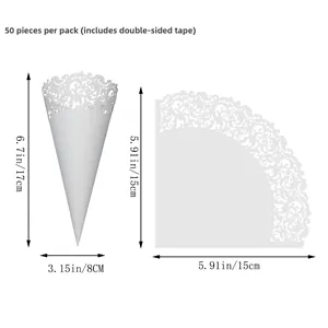 Detailed laser-cut wedding petal cones with intricate floral hollow patterns and dimensions