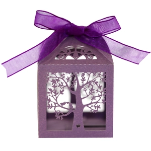 Detailed laser-cut purple gift box featuring intricate tree and bird design with a ribbon