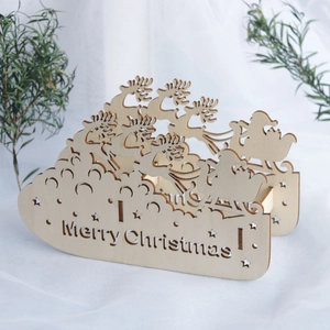 3D laser-cut wooden reindeer and Santa sleigh Christmas ornament with Merry Christmas text