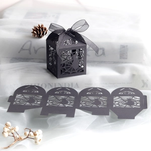 Laser-cut black spider web favor box with ribbon for Halloween party candy gifts