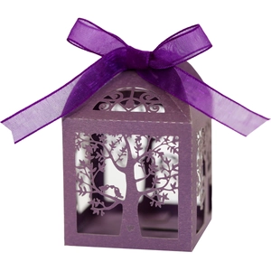 Purple laser-cut candy boxes with intricate tree and bird patterns for weddings