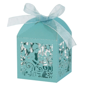 Laser-cut 18th birthday candy box in Tiffany blue with elegant ribbon and floral pattern